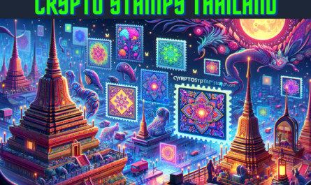 Create a horizontal image in a Pixar-style animation depicting a concept inspired by 'Crypto Stamps' or 'NFT Stamps' themed around Thailand. The scene should include vibrant, digitally-rendered illustrations of stamps that blend traditional Thai elements, like intricate patterns, iconic landmarks, or symbolic creatures, with a futuristic, digital twist. These stamps should look like collectible digital assets, shimmering with a holographic finish. The artwork should be lively, colorful, and detailed, capturing the essence of both Thai culture and modern digital art. Include the URL 'https://www.cryptostampstop.com/' prominently in the image, integrating it seamlessly into the design, perhaps as part of a virtual display or digital interface within the scene.