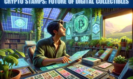 A widescreen Pixar-style solarpunk image featuring an attractive young man around 30 years old, deeply engaged with his collection of traditional stamps and crypto stamps. The setting is a futuristic, eco-friendly room filled with greenery, solar panels, and advanced technology, reflecting the solarpunk aesthetic. The young man is examining his stamps with a look of fascination, surrounded by digital displays showing holographic images of the crypto stamps and lush plants that embody the solarpunk theme. The scene combines traditional philately with modern digital trends, highlighted by vibrant colors, futuristic elements, and a harmonious blend of nature and technology. https://cryptostampstop.com/