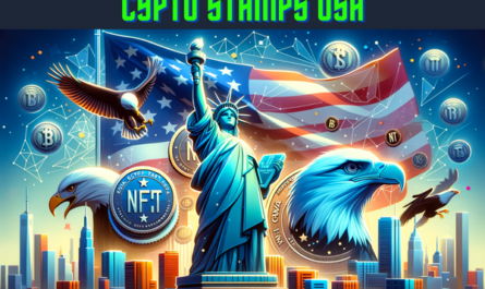 A horizontal image in the style of Pixar animation featuring the concept of Crypto Stamps or NFT Stamps themed around the USA. The image should include iconic American symbols, such as the Statue of Liberty, bald eagles, or the American flag, blended with digital, futuristic elements to represent the NFT theme. The stamps should look vibrant and colorful, embodying the essence of digital art and blockchain technology. Include the URL 'https://www.cryptostampstop.com/' prominently displayed within the image, integrating it seamlessly into the design.