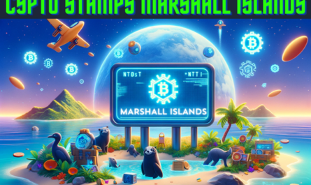 Create a horizontal, Pixar-style image featuring the concept of Crypto Stamps or NFT Stamps from the Marshall Islands. The artwork should incorporate characteristic elements of the Marshall Islands, like tropical landscapes, clear blue waters, or unique wildlife, reflecting the country's essence. The image should be vibrant, colorful, and animated, embodying the lively and innovative spirit of digital collectibles. Include the URL 'https://www.cryptostampstop.com/' prominently displayed within the image, integrating it seamlessly into the design, possibly as part of a digital billboard or a holographic display in this imaginative, technology-inspired scene.