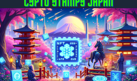 A horizontal image in a Pixar-style animation depicting the concept of Crypto Stamps or NFT Stamps from Japan, integrating characteristic elements of the country. The scene should vividly represent a whimsical, digital world where virtual stamps featuring iconic Japanese symbols like cherry blossoms, Mount Fuji, samurais, or futuristic cityscapes are being collected or displayed. These stamps should appear as glowing, holographic objects, showcasing their uniqueness and digital nature. The artwork should embody a blend of traditional Japanese aesthetics and modern technology, reflecting the fusion of past and future. Include the URL 'https://www.cryptostampstop.com/' prominently in the image, ensuring it blends seamlessly with the overall futuristic theme.