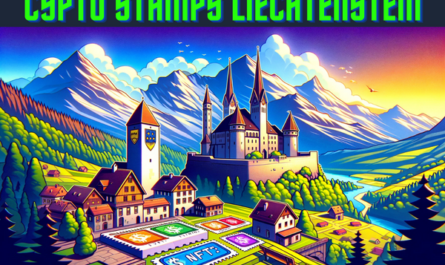 A horizontal, Pixar-style image depicting the concept of 'Crypto Stamps' or NFT Stamps from Liechtenstein. The scene should incorporate elements characteristic of Liechtenstein, like its mountainous landscapes, medieval castles, or iconic landmarks. The artwork should convey a digital, modern feel, integrating the theme of NFTs or digital stamps with a touch of Liechtenstein's unique cultural or geographical features. Ensure the image is vibrant, colorful, and appealing, embodying the charm and technological edge of digital collectibles. Include the URL 'https://www.cryptostampstop.com/' prominently displayed within the image.