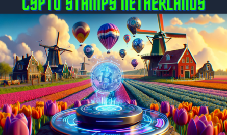 Imagine a horizontal image in a Pixar-style animation depicting a concept of Crypto Stamps or NFT Stamps from the Netherlands. The scene includes iconic Dutch elements like tulip fields, windmills, and traditional Dutch houses. In the foreground, a collection of vibrant, digital stamps floats above a sleek, futuristic device, symbolizing the NFTs. The stamps feature a blend of modern and traditional Dutch designs. The sky is dynamic and colorful, reflecting a digital world theme. Include the URL 'https://www.cryptostampstop.com/' prominently displayed in the image, integrating seamlessly with the futuristic theme.