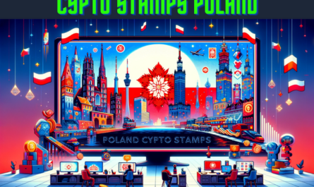 Create a horizontal image in a Pixar-style animation depicting the concept of Crypto Stamps or NFT Stamps themed around Poland. The image should include elements characteristic of Poland, such as iconic landmarks, traditional patterns, or national colors (white and red). The design should be vibrant, futuristic, and engaging, embodying the essence of digital collectibles while resonating with Polish culture. Ensure the image is lively, colorful, and appeals to a broad audience. Include the URL 'https://www.cryptostampstop.com/' prominently displayed within the image, integrating it seamlessly into the overall design.