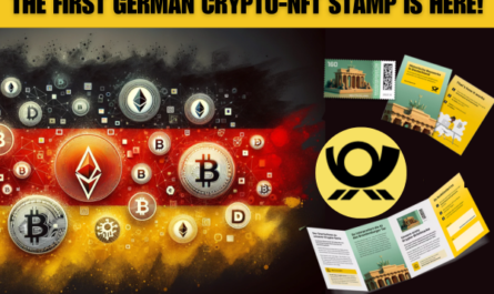 THE FIRST GERMAN CRYPTO-NFT STAMP IS HERE! Create a panoramic image featuring a soft background with the colors of the German flag (black, red, and yellow) blended smoothly. Overlay the image with various symbols representing cryptocurrencies (like Bitcoin, Ethereum logos) and NFTs (depicting abstract digital art pieces, pixelated images, or crypto tokens). The design should be modern, sleek, and visually appealing, suitable for a digital finance theme. https://cryptostampstop.com/