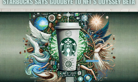 A widescreen mosaic artwork that visually interprets the concept 'STARBUCKS SAYS GOODBYE TO NFT ODYSSEY BETA'. The mosaic should feature various elements symbolizing Starbucks, such as coffee cups, green and white colors, and subtle coffee bean patterns, integrated with digital and futuristic motifs representing NFTs and an odyssey theme. This should include abstract representations of digital technology, like pixels or binary code, and mythical or space exploration imagery to convey an odyssey. The overall composition should evoke a sense of closure or ending, combining the old (Starbucks) with the new (digital/tech themes) in a harmonious and artistic way. https://www.cryptostampstop.com/