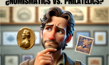 A realistic Pixar-style image of an attractive 35-year-old man, depicted in a thoughtful pose. He's holding an ancient gold coin in one hand and a valuable philatelic stamp in the other. His expression is one of doubt, paired with a half-smile, as he contemplates whether stamp or coin collecting is the better hobby. The focus is solely on him, capturing his moment of contemplation in a detailed and expressive manner, reflecting his engaging dilemma. https://www.cryptostampstop.com/